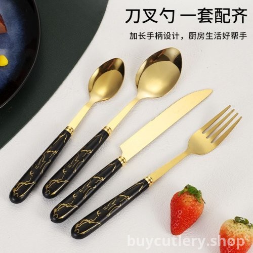Luxury European 24-Piece Cutlery Set with Marble Pattern Handles