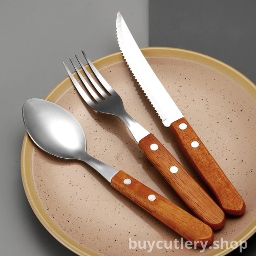 Stainless Steel Clipped Handle Cutlery Set - Knife, Fork, Spoon - Hotel-Grade Steak Knives with Creative Wooden Handles