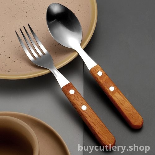 Stainless Steel Clipped Handle Cutlery Set - Knife, Fork, Spoon - Hotel-Grade Steak Knives with Creative Wooden Handles