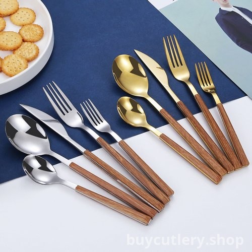 Faux Wood Handle Stainless Steel Cutlery Set