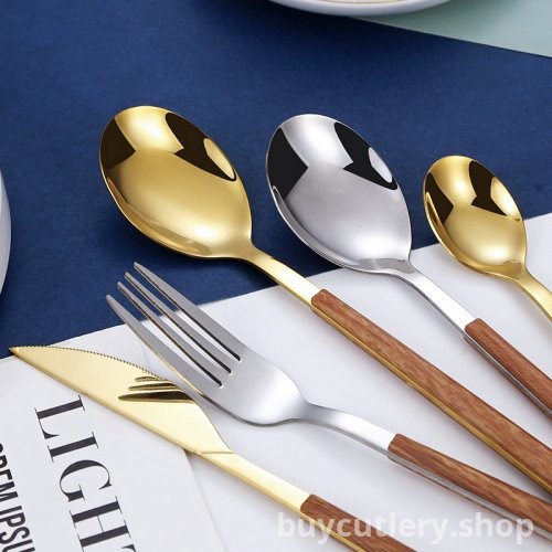 Faux Wood Handle Stainless Steel Cutlery Set