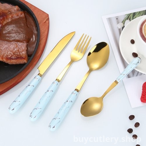 Nordic Style Ceramic Handle Stainless Steel Cutlery Set - Gold Steak Knife, Fork, and Coffee Spoon