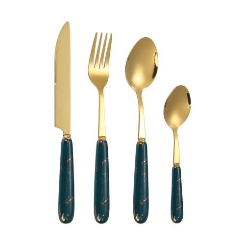 Nordic Style Ceramic Handle Stainless Steel Cutlery Set - Gold Steak Knife, Fork, and Coffee Spoon