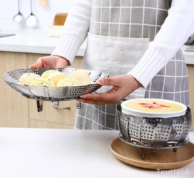 Kitchen Stainless Steel Steamer Fruit Basket Steamed Food Rack Retractable Folding Steamer Cooking Tool